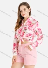Wholesale Women's Fall Peony Print Button Front Knot Hem Crop Shirt - Liuhuamall