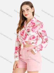 Wholesale Women's Fall Peony Print Button Front Knot Hem Crop Shirt, LIUHUA CLOTHING WHOLESALE