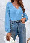Wholesale Women's Casual Plain V Neck Lace Trim Long Sleeve Blouse - Liuhuamall