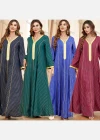 Wholesale Women's Arabic Muslim Islamic V Neck Splicing Dubai Embroidery Abaya Maxi Dress 3396# - Liuhuamall