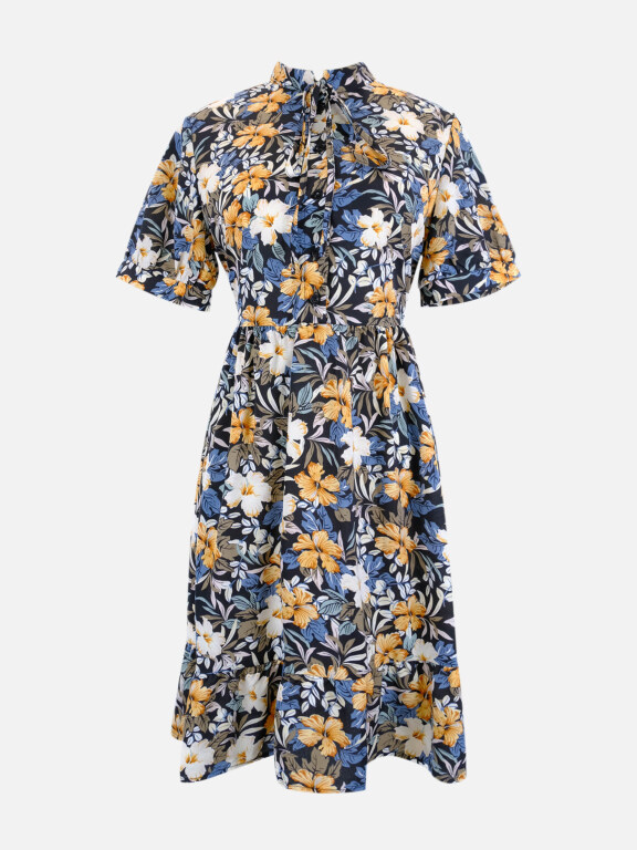 Women's Casual Short Sleeve Tie Neck Allover Floral Print Elastic Waist Midi Shirt Dress LS3003#, Clothing Wholesale Market -LIUHUA, 
