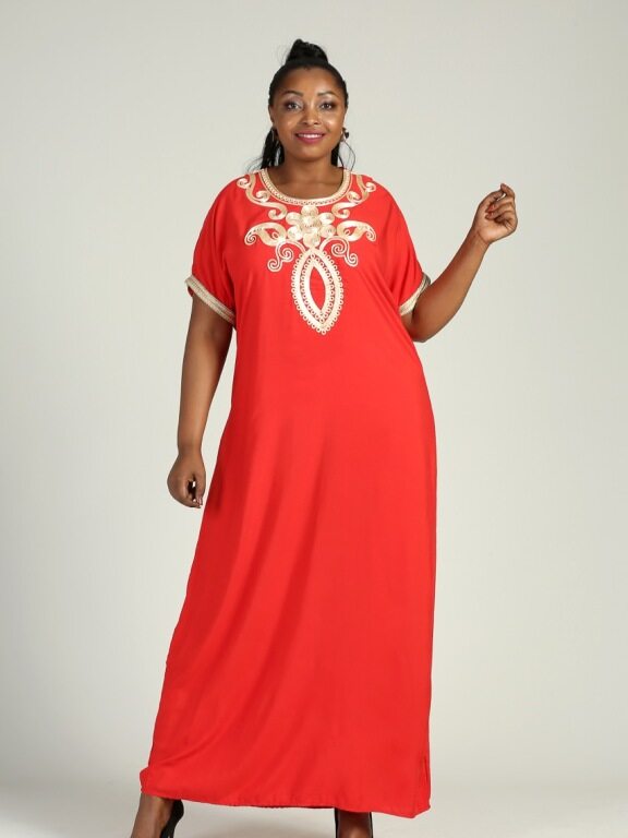 Women's Plus Size Golden Embroidery Round Neck Short Sleeve African Maxi Dress, Clothing Wholesale Market -LIUHUA, 
