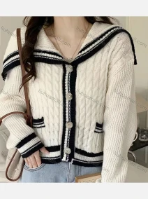Wholesale Women's Casual Contrast Cable Knit Button Down Knit Cardigan 8126#, LIUHUA CLOTHING WHOLESALE