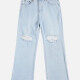 Women's Distressed Ripped Denim Button up Wide Leg Duel Pocket Denim Jeans Light Blue Clothing Wholesale Market -LIUHUA