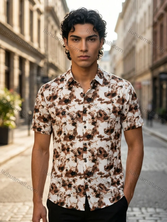 Wholesale 2026 New Men's Slim Fit Short Sleeve Shirt | Ink Wash Print Casual Fashion | Wholesale In Stock
