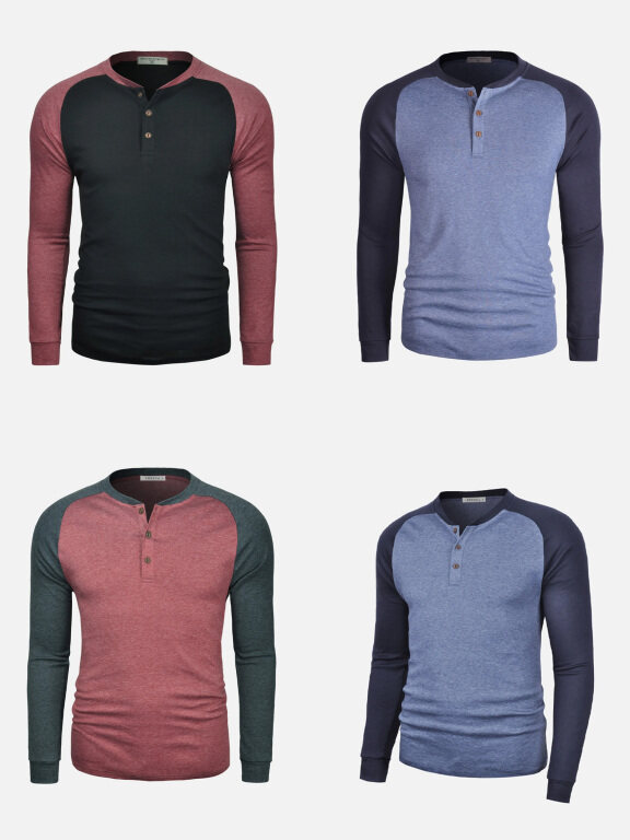 Men's Casual Silm Fit Long-Sleeve Colorblock Henley Shirt, Clothing Wholesale Market -LIUHUA, Men