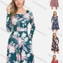 Wholesale Women's Scoop Neck Long Sleeve Side Pocket Floral Print A-Line Short Dress preview