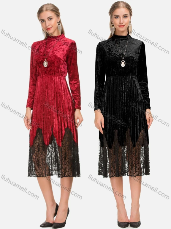 Wholesale Women's Elegant Mock Neck Long Sleeve Velvet Lace Hem Midi Dress