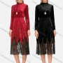 Wholesale Women's Elegant Mock Neck Long Sleeve Velvet Lace Hem Midi Dress preview