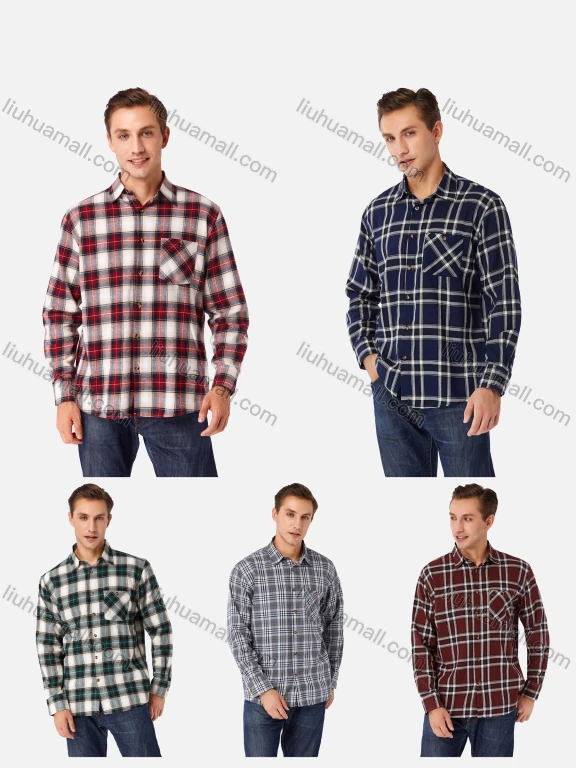 Wholesale Men's 100% Cotton Regular Fit Long Sleeve Pocket Plaid Print Casual Shirt