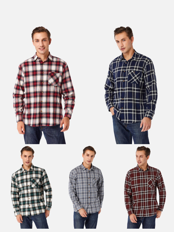 Men's 100% Cotton Regular Fit Long Sleeve Pocket Plaid Print Casual Shirt, Clothing Wholesale Market -LIUHUA, Men, Men-s-Outerwears