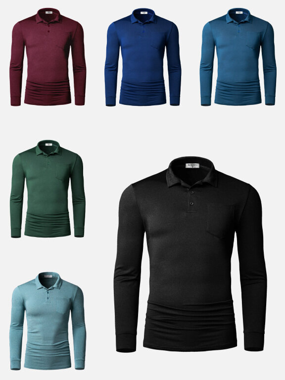 Men's Plain Slim Fit Long Sleeve Patch Pocket Polo Shirt X002F#, Clothing Wholesale Market -LIUHUA, Men, Men-s-Bottoms