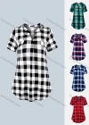 Wholesale Women's Casual Notched Neck Plaid Print Curved Hem Tunic - Liuhuamall