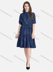 Wholesale Women's Casual Half Sleeve Ruffle Hem Button Front Plain Dress With Belt, LIUHUA CLOTHING WHOLESALE