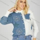 Wholesale Women's Trendy Splicing Collared Button Down Rhinestone Long Sleeve Curved Hem Denim Shirt Light Blue Clothing Wholesale Market Liuhua
