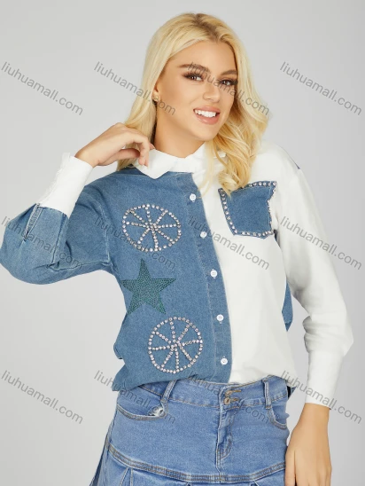 Wholesale Women's Trendy Splicing Collared Button Down Rhinestone Long Sleeve Curved Hem Denim Shirt