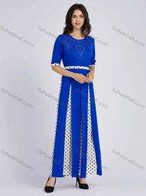 Wholesale Women's Casual Round Neck Rhinestones Applique Polka Dots Print Half Sleeve Maxi Dress, LIUHUA CLOTHING WHOLESALE