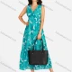Wholesale Women's Casual Floral Print V Neck Button Decors Shirred Elastic Waist Ruffle Hem Maxi Tank Dress Cyan Clothing Wholesale Market Liuhua