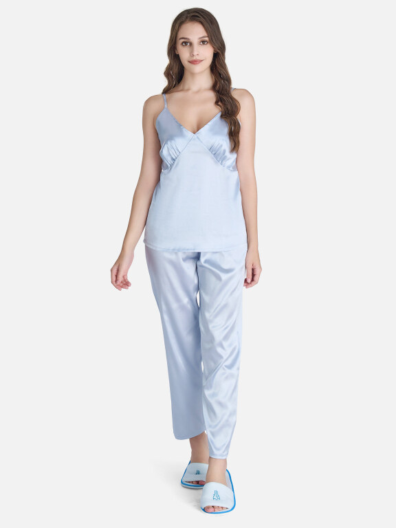 Women's Casual Plain Adjustable Straps Cami Tops & Long Sleeve Outerwear & Pants 3 Piece Set Lounge Pajama Suit, Clothing Wholesale Market -LIUHUA, WOMEN, Sleepwear