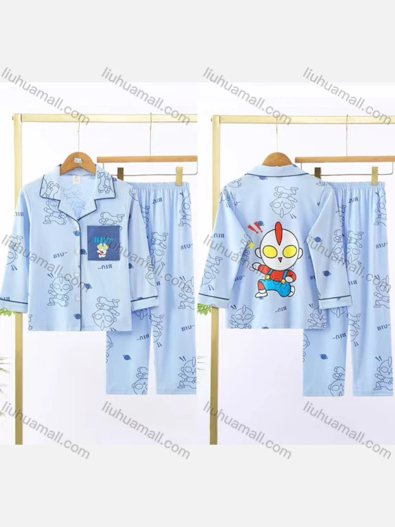 Wholesale Boys Cute Cartoon Lapel Pocket Button Down Long Sleeve Lounge Pajamas 2 Piece Set 1#