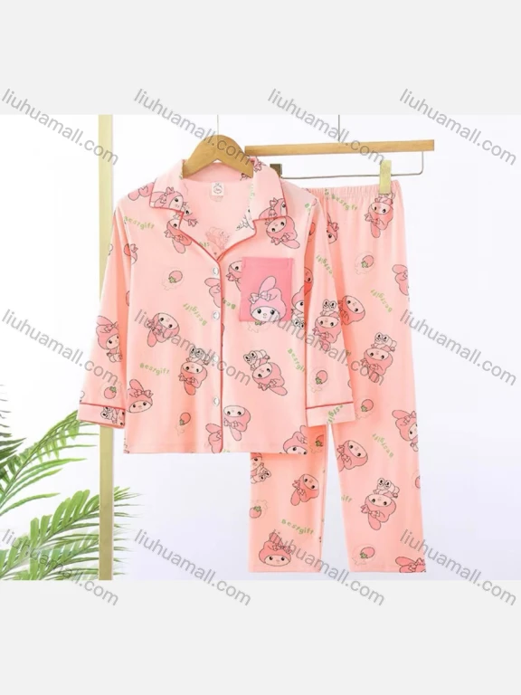 Wholesale Girls Cute Cartoon Letter Lapel Pocket Button Down Long Sleeve Lounge Pajamas 2 Piece Set 10#