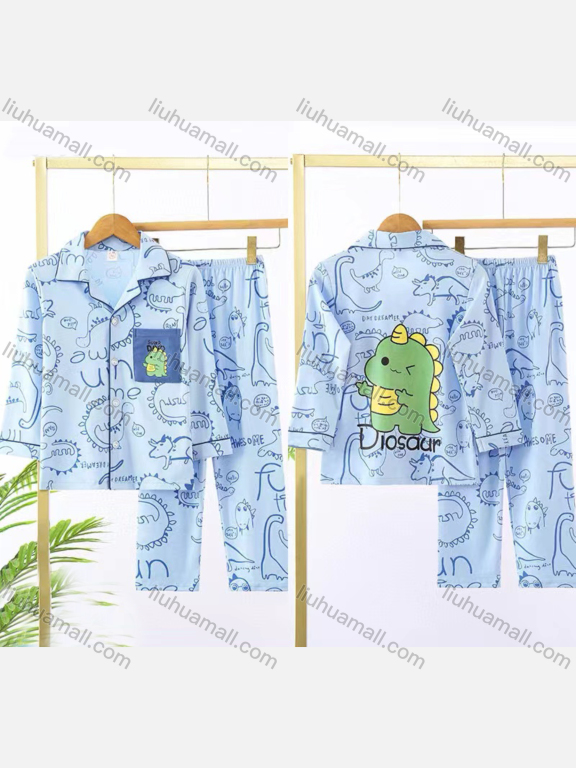 Wholesale Boys Cartoon Dinosaur Print Lapel Pocket Button Down Long Sleeve Lounge Pajamas 2 Piece Set 11#