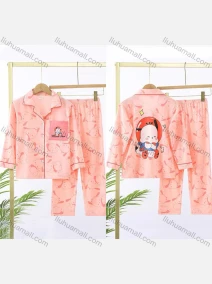 Wholesale Girls Cute Cartoon Lapel Pocket Button Down Long Sleeve Lounge Pajamas 2 Piece Set 12#, LIUHUA CLOTHING WHOLESALE