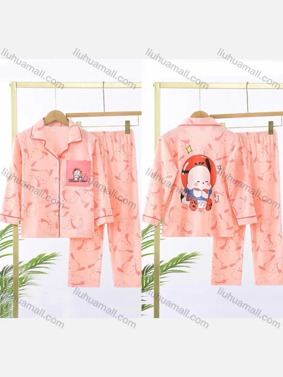 Wholesale Girls Cute Cartoon Lapel Pocket Button Down Long Sleeve Lounge Pajamas 2 Piece Set 12#