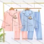 Wholesale Unisex Cartoon Letter Label Double Pockets Button Down Long Sleeve Lounge Pajamas 2 Piece Set 13# preview