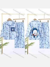 Wholesale Boys Cartoon Print Lapel Pocket Button Down Long Sleeve Lounge Pajamas 2 Piece Set 14#, LIUHUA CLOTHING WHOLESALE