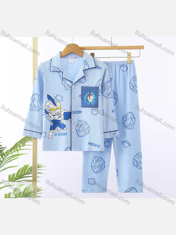 Wholesale Boys Cartoon Letter Print Lapel Pocket Button Down Long Sleeve Lounge Pajamas 2 Piece Set 15#