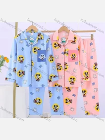 Wholesale Unisex Cartoon Letter Lapel Patch Pocket Button Down Long Sleeve Lounge Pajamas 2 Piece Set 16#, LIUHUA CLOTHING WHOLESALE