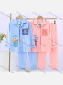 Wholesale Unisex Cartoon Letter Print Lapel Pocket Button Down Long Sleeve Lounge Pajamas 2 Piece Set 18#, LIUHUA CLOTHING WHOLESALE