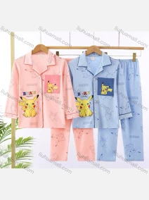 Wholesale Unisex Cartoon Letter Lapel Patch Pocket Button Down Long Sleeve Lounge Pajamas 2 Piece Set 19#, LIUHUA CLOTHING WHOLESALE