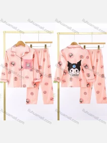 Wholesale Girls Lovely Cartoon Letter Lapel Pocket Button Down Long Sleeve Lounge Pajamas 2 Piece Set 2#, LIUHUA CLOTHING WHOLESALE