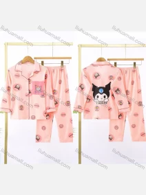 Wholesale Girls Lovely Cartoon Letter Lapel Pocket Button Down Long Sleeve Lounge Pajamas 2 Piece Set 24#, LIUHUA CLOTHING WHOLESALE