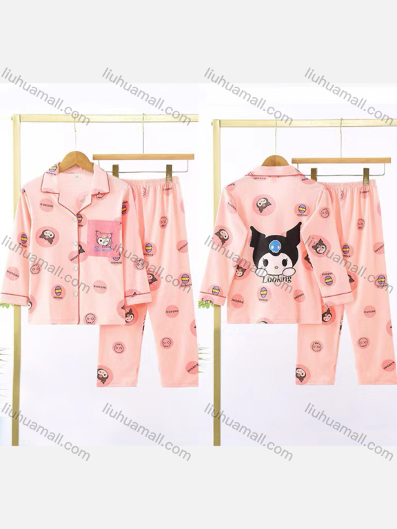 Wholesale Girls Lovely Cartoon Letter Lapel Pocket Button Down Long Sleeve Lounge Pajamas 2 Piece Set 24#