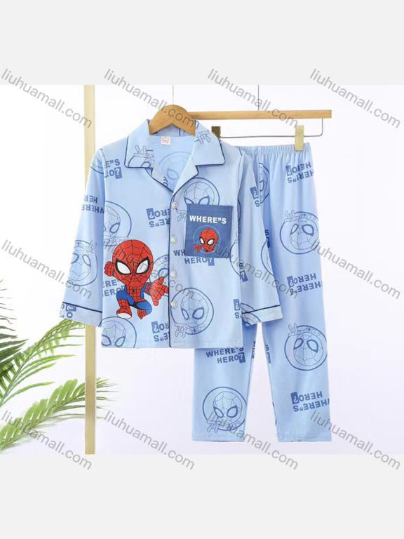 Wholesale Boys Cartoon Letter Lapel Pocket Button Down Long Sleeve Lounge Pajamas 2 Piece Set 25#