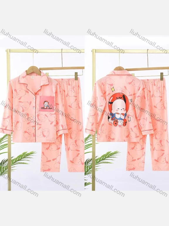 Wholesale Girls Cute Cartoon Print Lapel Pocket Button Down Long Sleeve Lounge Pajamas 2 Piece Set 27#