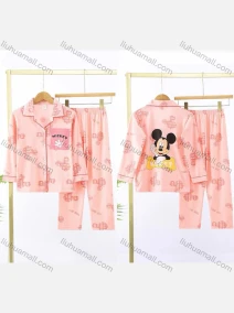 Wholesale Girls Lovely Cartoon Letter Lapel Pocket Button Down Long Sleeve Lounge Pajamas 2 Piece Set 3#, LIUHUA CLOTHING WHOLESALE
