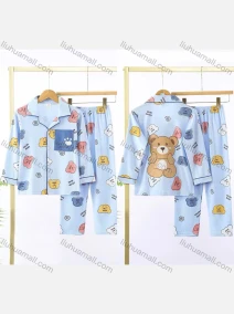 Wholesale Boys Cute Cartoon Bear Letter Lapel Pocket Button Down Long Sleeve Lounge Pajamas 2 Piece Set 4#, LIUHUA CLOTHING WHOLESALE