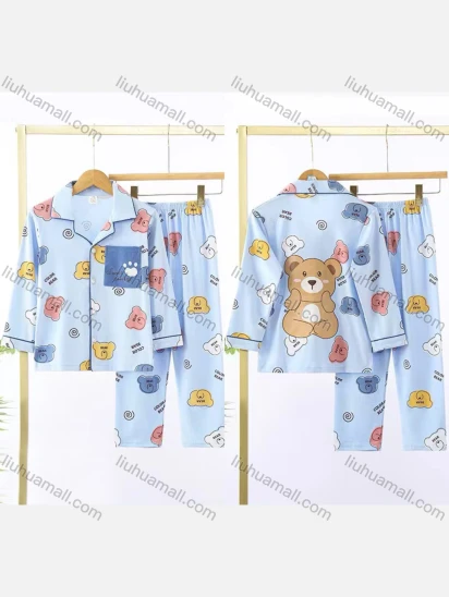Wholesale Boys Cute Cartoon Bear Letter Lapel Pocket Button Down Long Sleeve Lounge Pajamas 2 Piece Set 4#