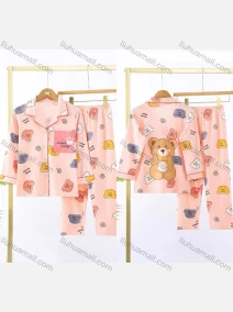 Wholesale Girls Lovely Cartoon Bear Letter Lapel Pocket Button Down Long Sleeve Lounge Pajamas 2 Piece Set 5#, LIUHUA CLOTHING WHOLESALE