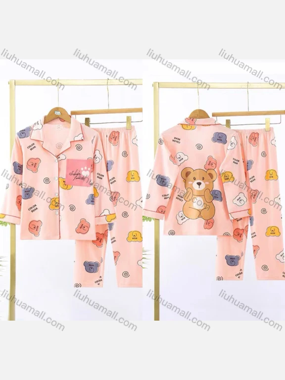 Wholesale Girls Lovely Cartoon Bear Letter Lapel Pocket Button Down Long Sleeve Lounge Pajamas 2 Piece Set 5#