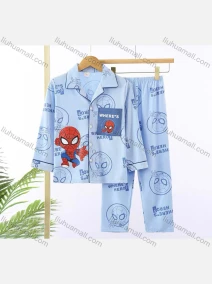 Wholesale Boys Cartoon Letter Lapel Pocket Button Down Long Sleeve Lounge Pajamas 2 Piece Set 6#, LIUHUA CLOTHING WHOLESALE