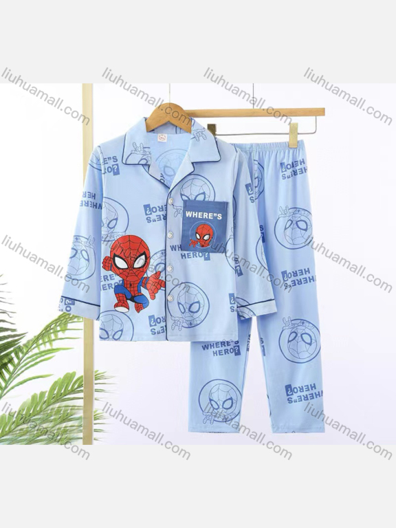 Wholesale Boys Cartoon Letter Lapel Pocket Button Down Long Sleeve Lounge Pajamas 2 Piece Set 6#