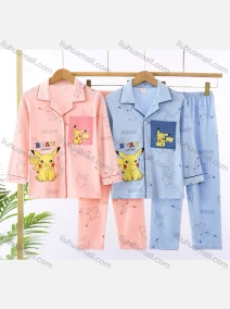 Wholesale Unisex Lovely Cartoon Letter Lapel Pocket Button Down Long Sleeve Lounge Pajamas 2 Piece Set 8#, LIUHUA CLOTHING WHOLESALE