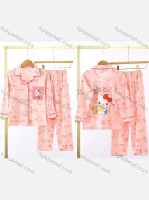 Wholesale Girls Lovely Cartoon Cat Letter Lapel Pocket Button Down Long Sleeve Lounge Pajamas 2 Piece Set 9#, LIUHUA CLOTHING WHOLESALE
