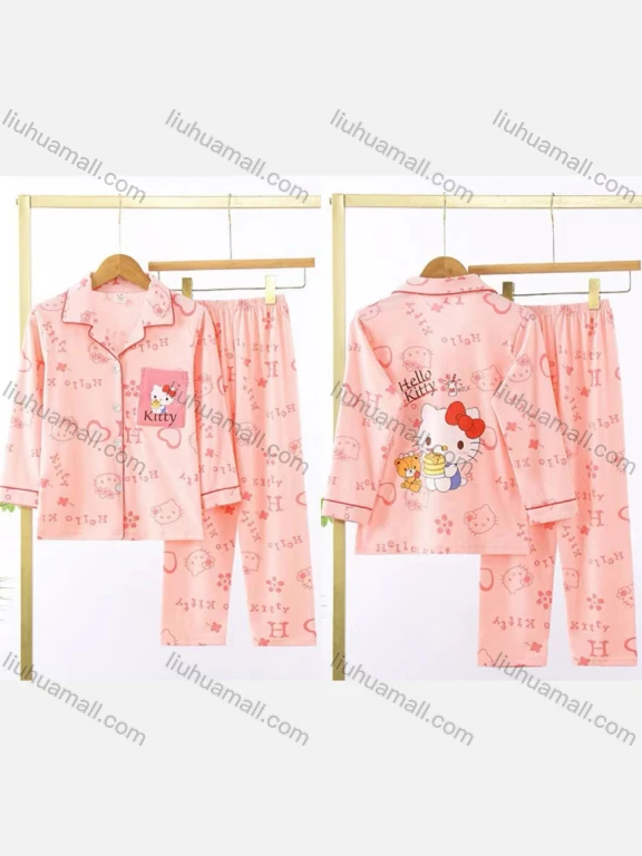 Wholesale Girls Lovely Cartoon Cat Letter Lapel Pocket Button Down Long Sleeve Lounge Pajamas 2 Piece Set 9#