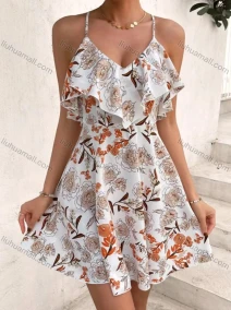 Wholesale Women's Casual Sexy Floral Print V Neck Ruffle Trim Spaghetti Straps Crisscros Lace Up Ruffle Hem Short Cami Dress, LIUHUA CLOTHING WHOLESALE